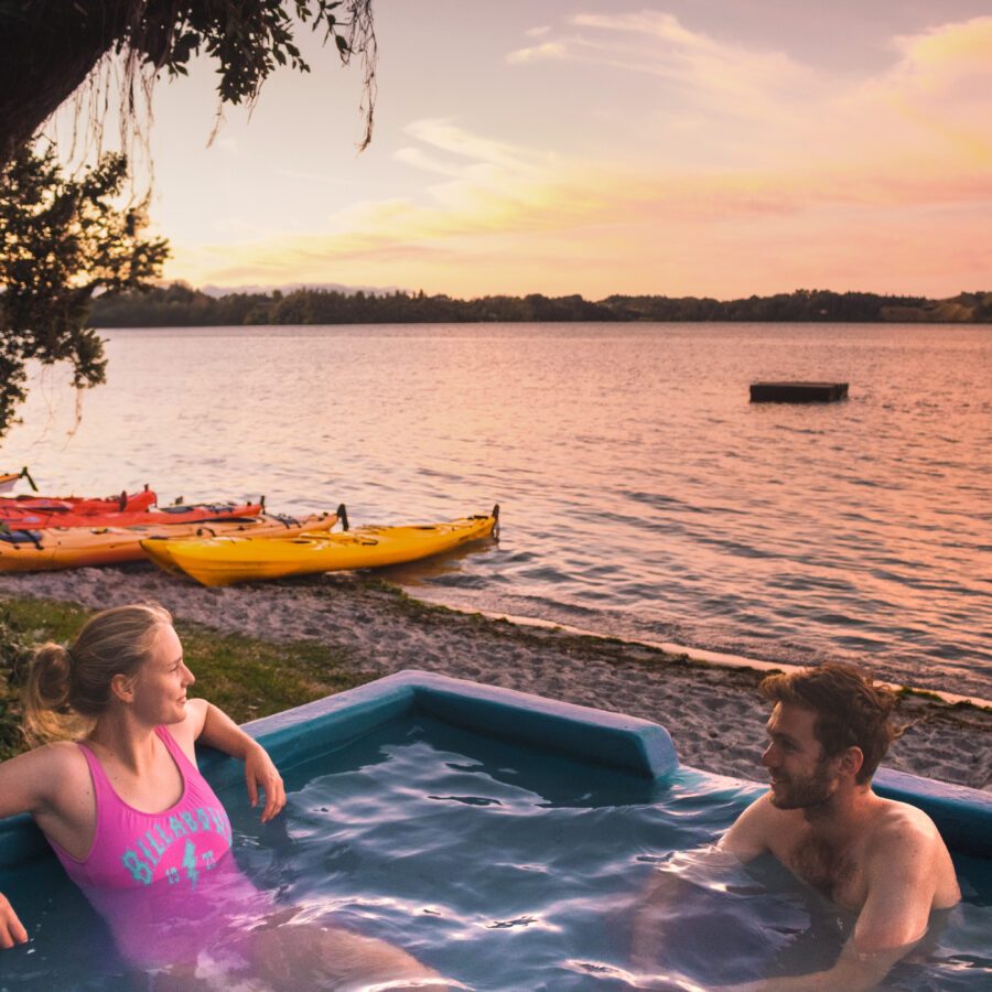 Soaking in the Lake Rotoiti Hot Pools at Sunset